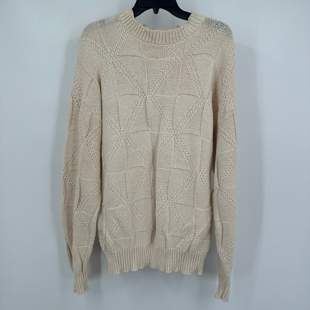 Womens Vintage Preppy Cable Knit Fisherman Sweater Sz XL Cream Cotton Minimalist